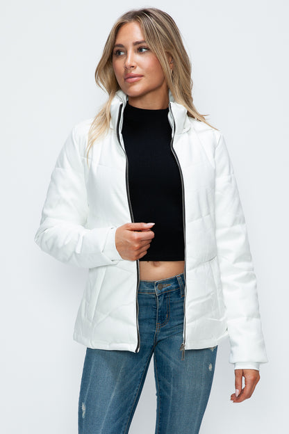 White Pocketed Zip Up Puffer Jacket with Removable Hood