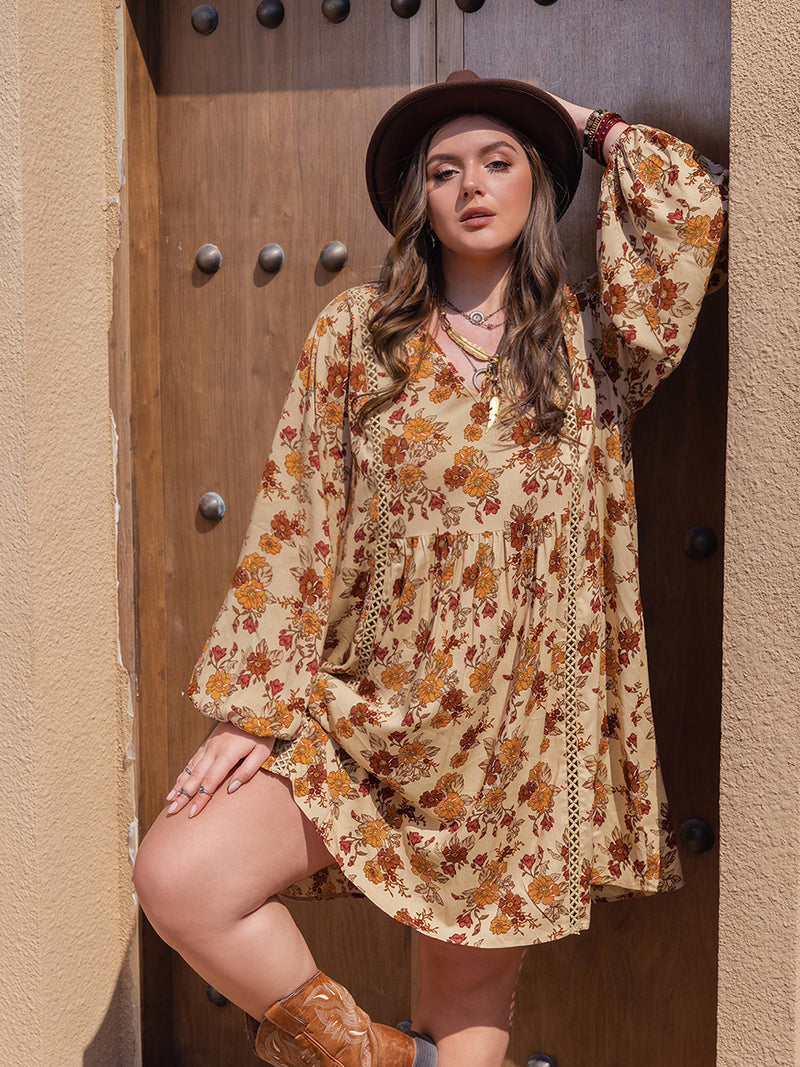 Tan Plus Size Printed V-Neck Balloon Sleeve Mini Dress
