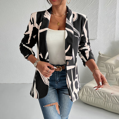 Women's Abstract Print Blazer - Button Front Office Jacket - Fashions Envy