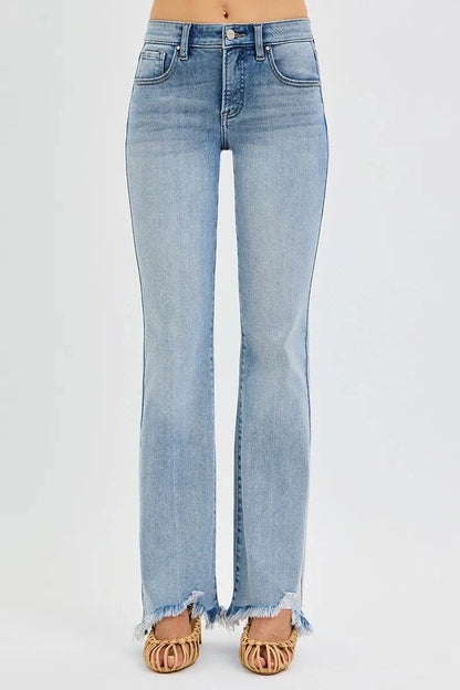 RISEN Full Size Tummy Control Mid Rise Flare Jeans with Fray Hem Detailed Plus Size - Fashions Envy