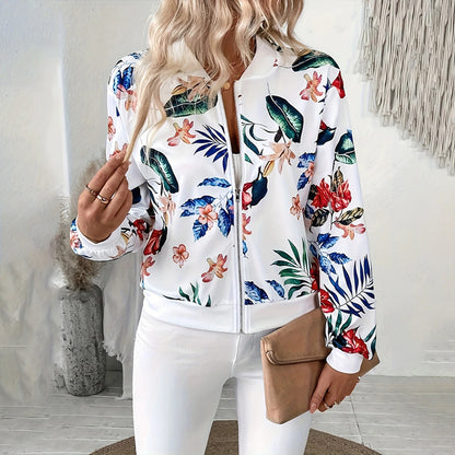 Women's Botanical Print Zip Jacket - Round Neck Spring Coat - Fashions Envy