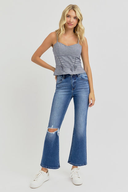 Full Size Distressed High Rise Crop Flare Risen Jeans