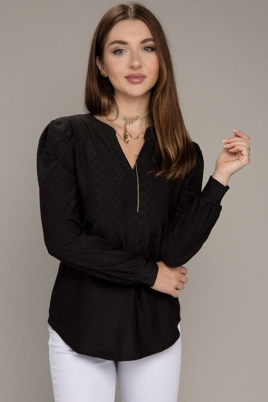 Black Long Sleeve Notched Neck Jacquard Top