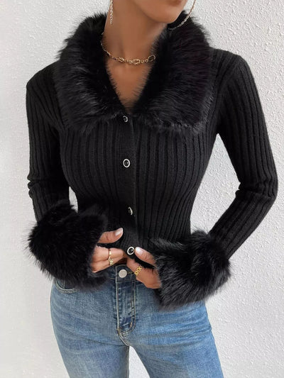 Faux Fur Trim Ribbed Knit Cropped Cardigan - Fashions Envy