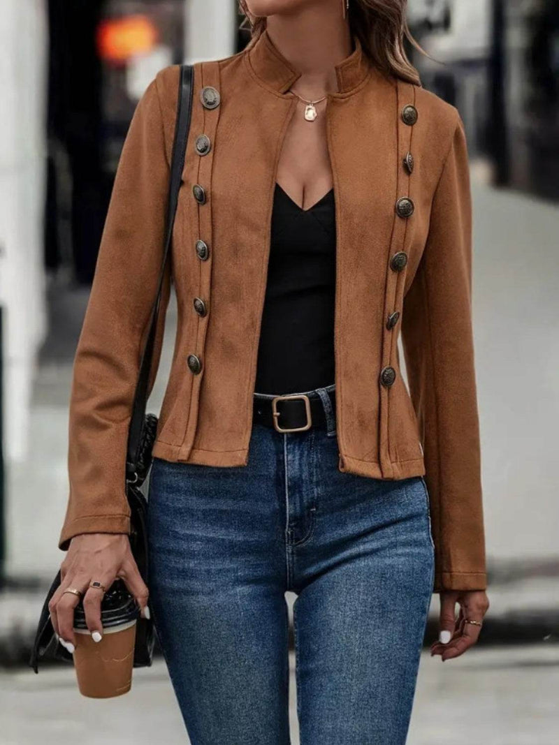 Decorative Button Open Front Long Sleeve Jacket - Fashions Envy