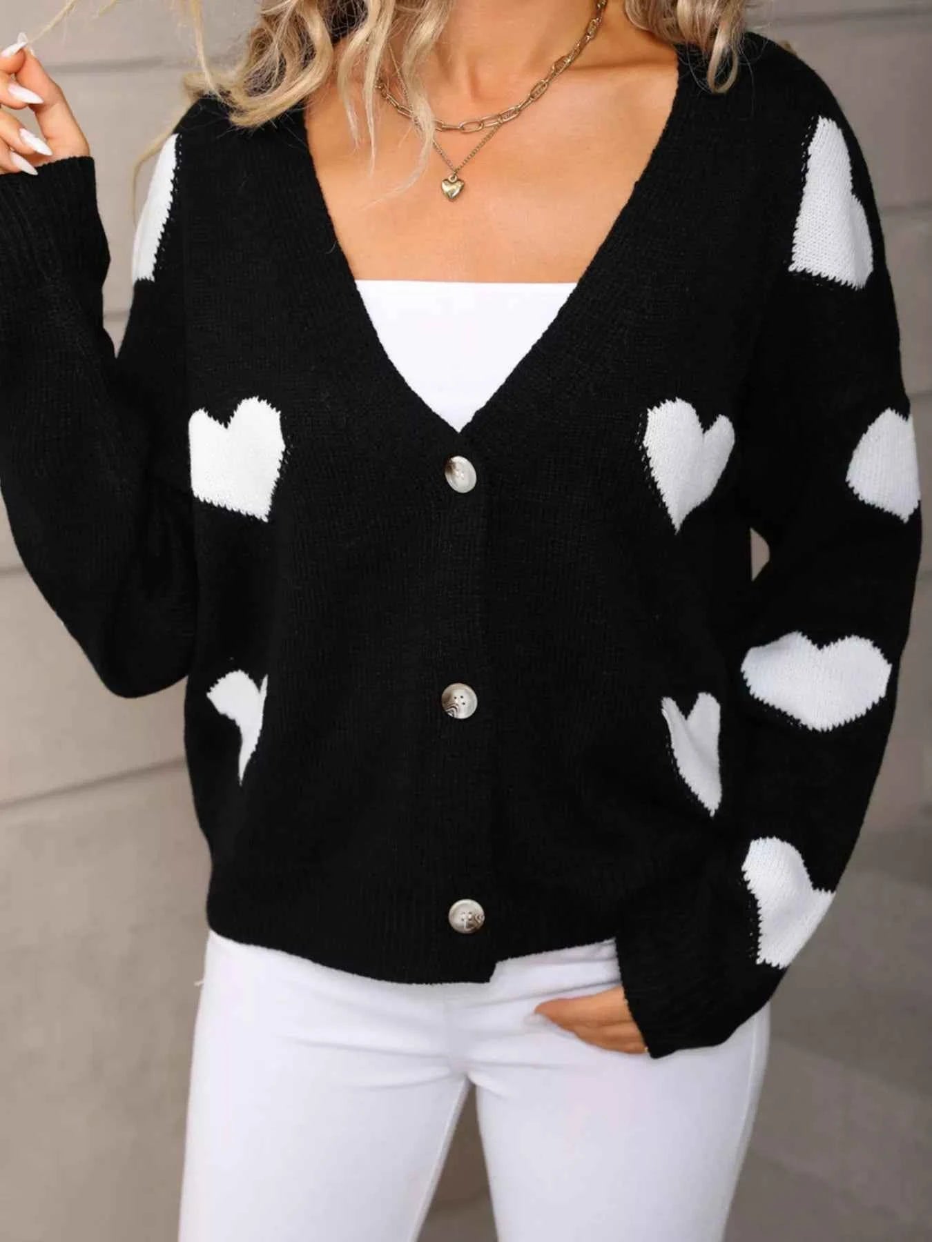 Heart Pattern Cardigan - Valentine's Day Knit Button-Up - Fashions Envy
