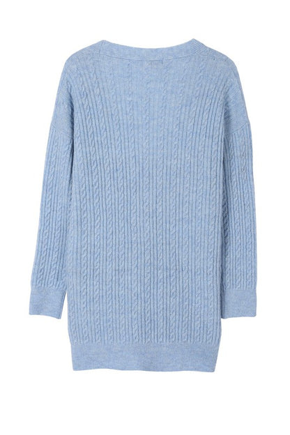 Light Blue Wool Blended Stretch Cable Knitted Cardigan