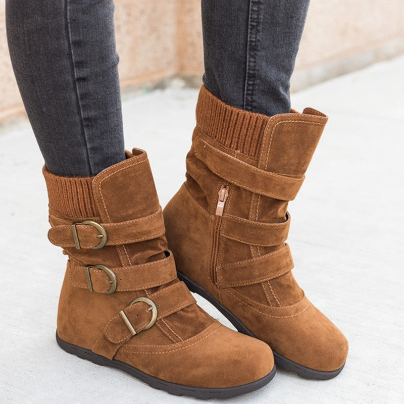 Women's Casual Winter Boots - Strap Buckle Design - Fashions Envy