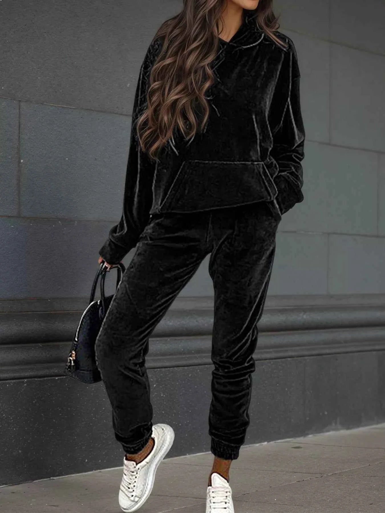 Velvet Long Sleeve Hoodie and Pants Set