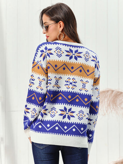 Snowflake Pattern Round Neck Sweater - Fashions Envy