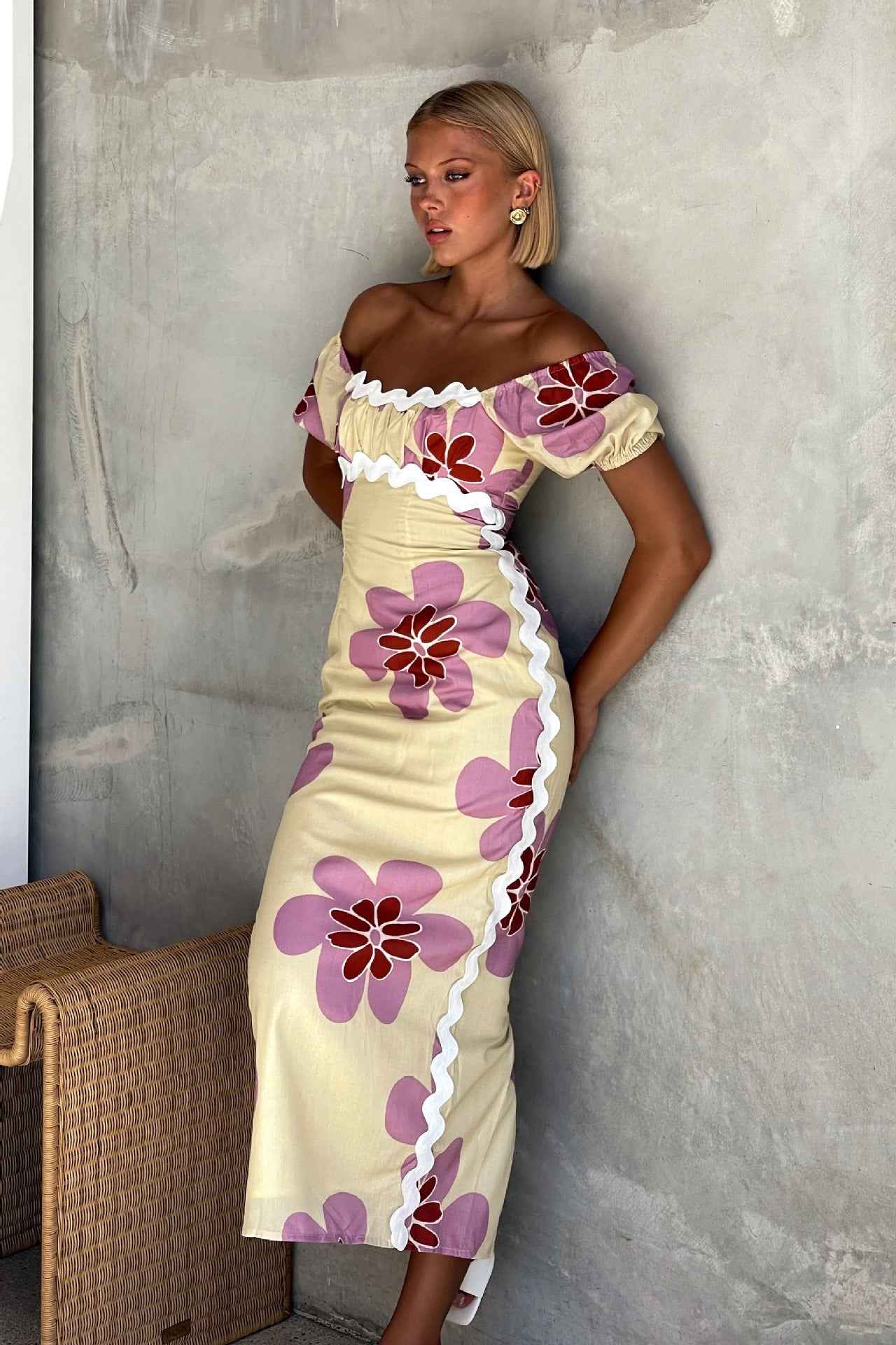 Floral Print Midi Dress - Short Sleeve Front Slit Style