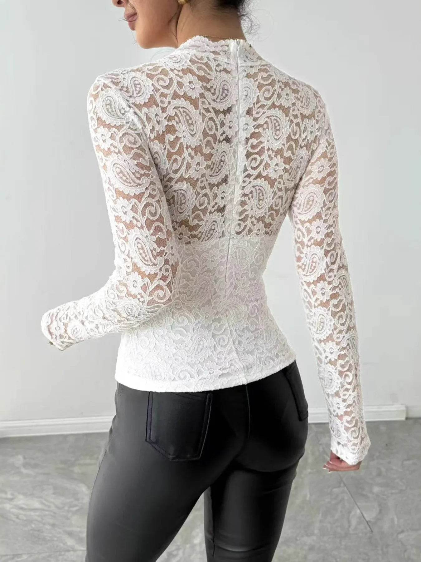 Zip Back Long Sleeve Lace Top - Sheer Elegant Blouse - Fashions Envy