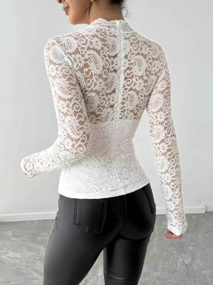 Zip Back Long Sleeve Lace Top - Sheer Elegant Blouse - Fashions Envy