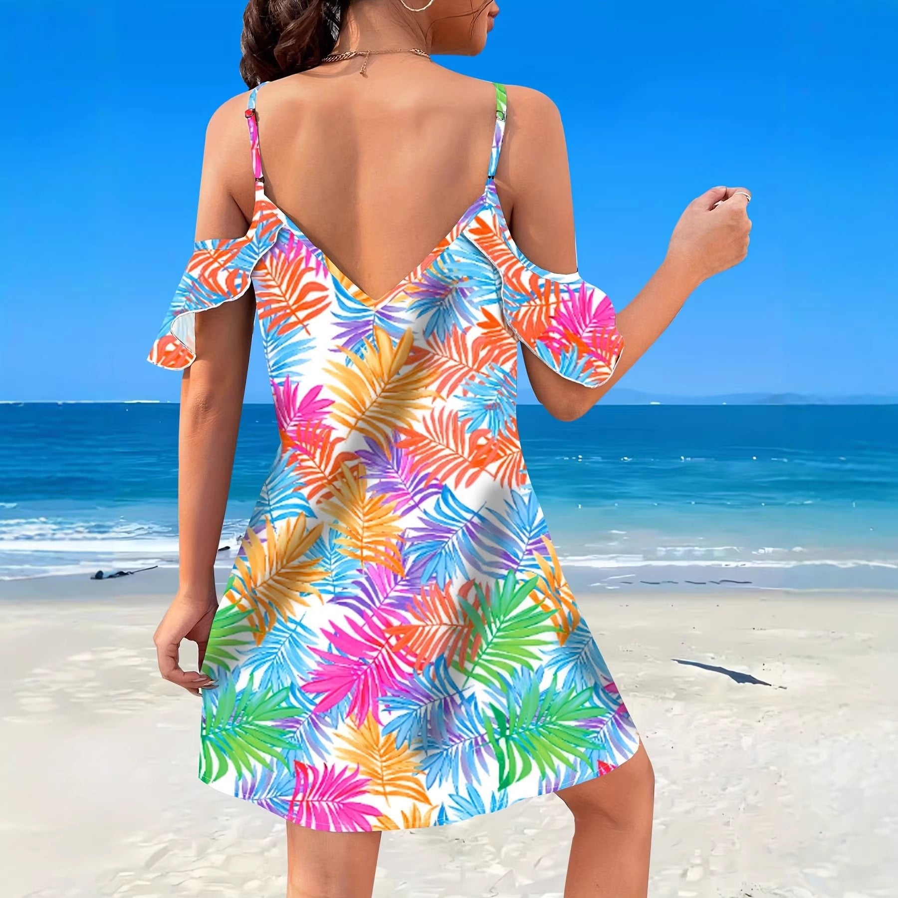 Summer  Tropical Print Off-Shoulder Beach Dress