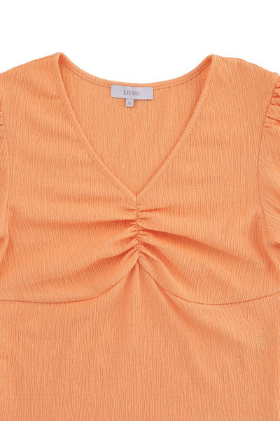 Shirred V-Neck Short Puff Sleeve Top