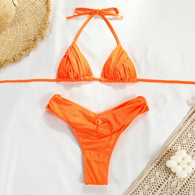 Pleated Bikini Set Two Piece - Ruched Triangle Swimsuit