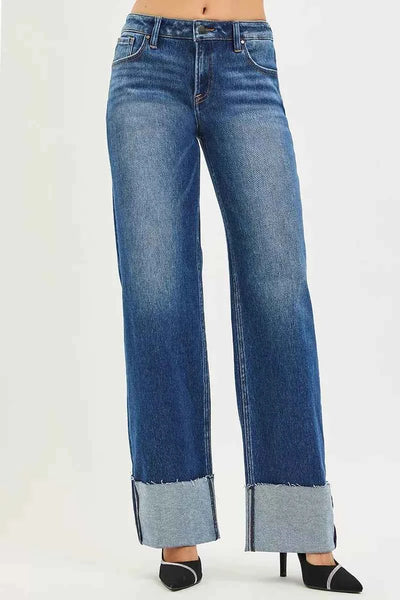 RISEN Wide Straight Jeans - Mid Rise Wide Cuff Detail