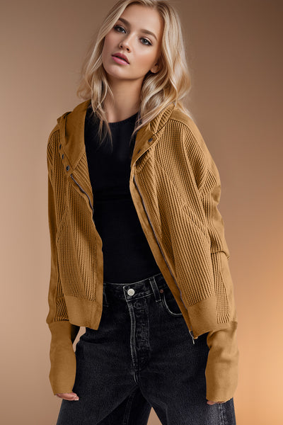 Double Take Waffle-Knit Zip Up Long Sleeve Hooded Jacket - Fashions Envy