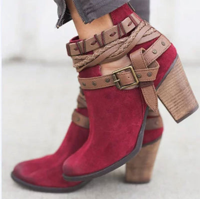 Women's High Heel Martin Boots - Rivet Belt Buckle Design - Fashions Envy