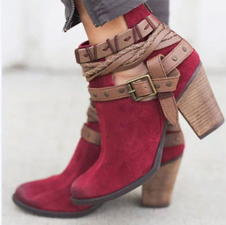Women's High Heel Martin Boots - Rivet Belt Buckle Design - Fashions Envy