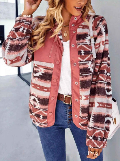 Aztec Print Fleece Jacket - Snap-Down Southwestern Style - Fashions Envy