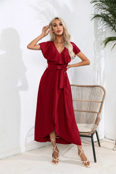 Tied Front Midi Dress - Ruffle Short Sleeve Slit Hem