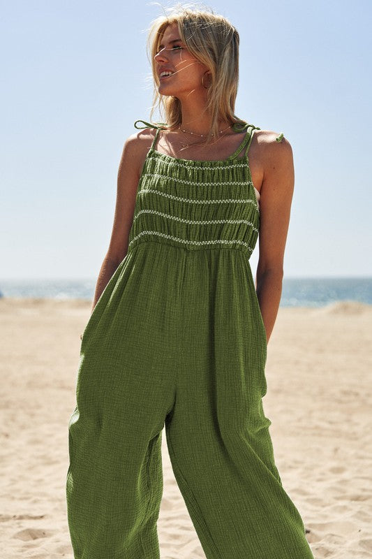 Washed Multi Smocked Detail Tie Straps Relaxed Jumpsuit