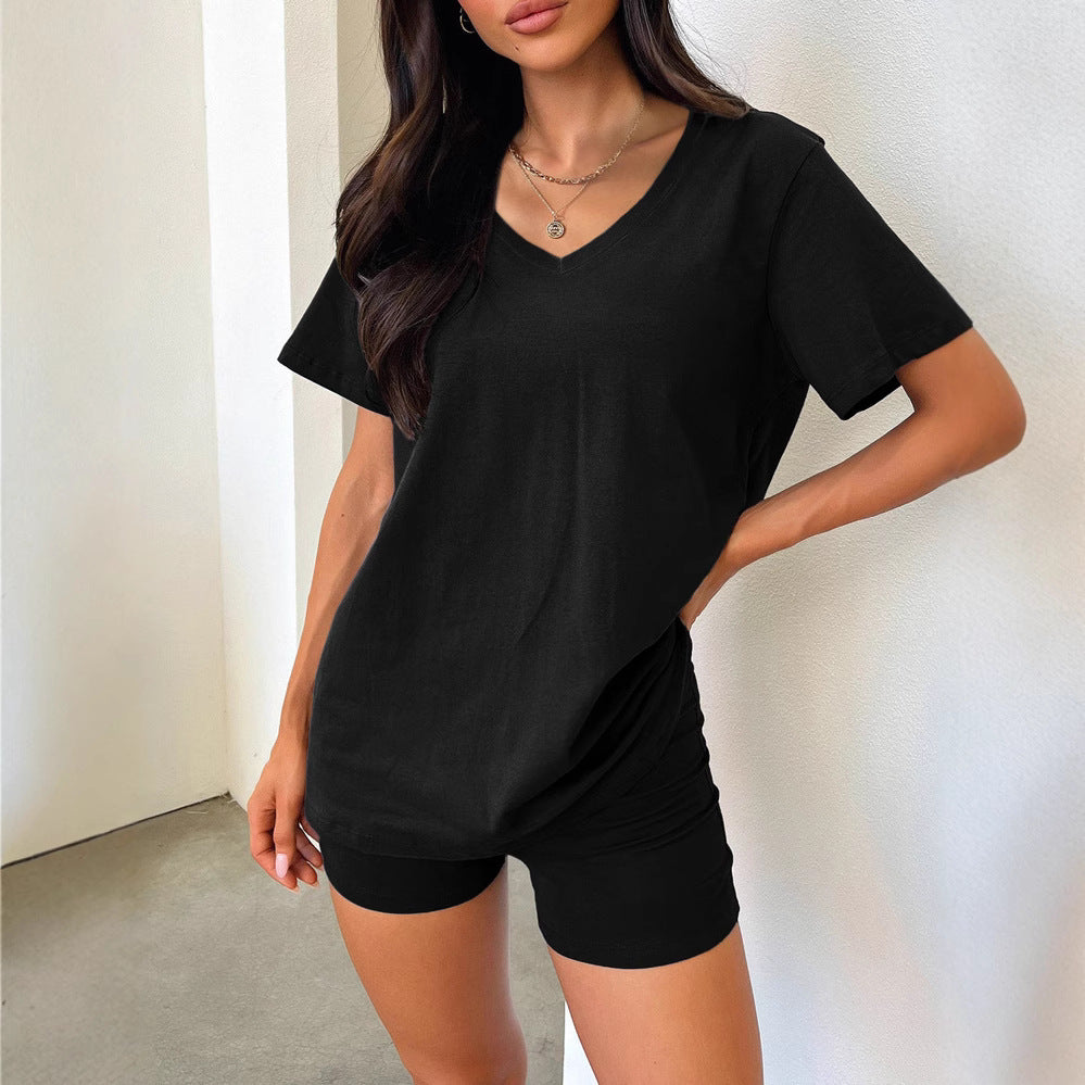 V-neck Casual Temperament Pure Color Biker Shorts Set