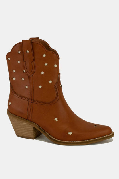 Brown Faux Leather Star-Shaped Cutouts Point Toe Boots