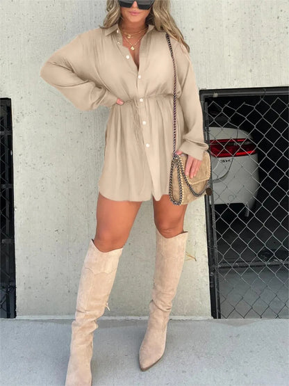 Mini Shirt Dress - Long Sleeve Button Up Style