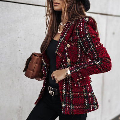 Elegant Checkered Long Sleeve Blazer - Double-Breasted Printed Coat