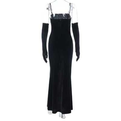 Velvet Evening Gown - Lace Halter with Long Gloves - Fashions Envy