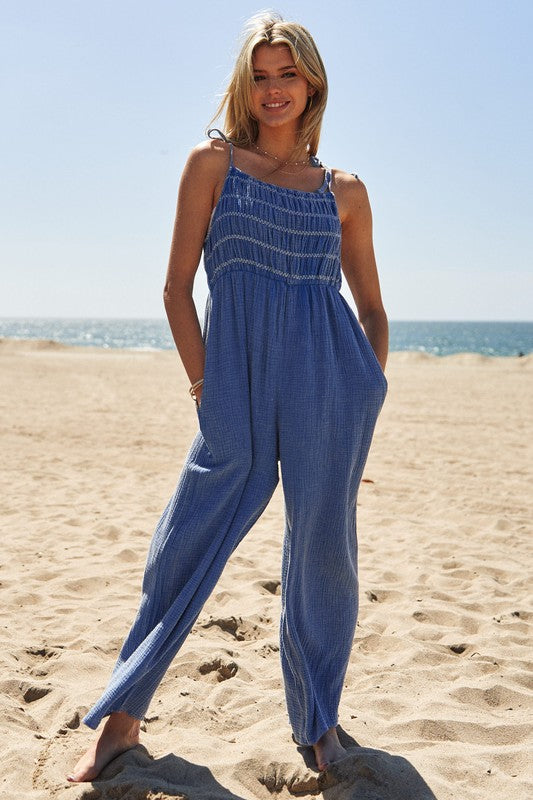 Washed Multi Smocked Detail Tie Straps Relaxed Jumpsuit