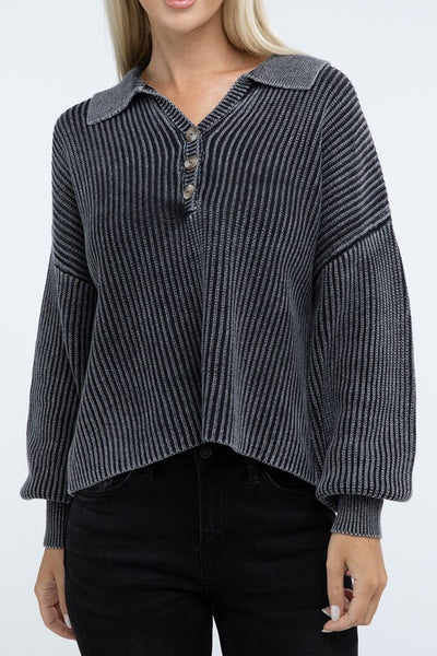 Ribbed Washed Collared Henley Sweater - Fashions Envy
