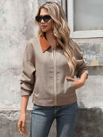 Plaid Zip Up Long Sleeve Jacket - Fashions Envy