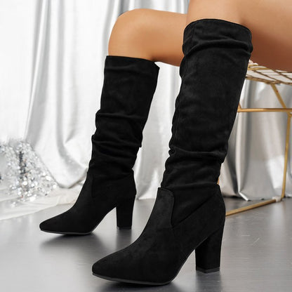 Chunky Heel Pointed Toe Boots - Suede High Shaft