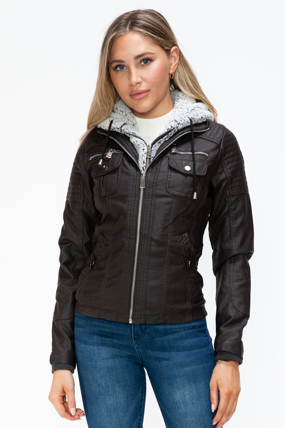 Chocolate Removable Faux Layered Multi-Pocket Jacket with Fuzzy Hood