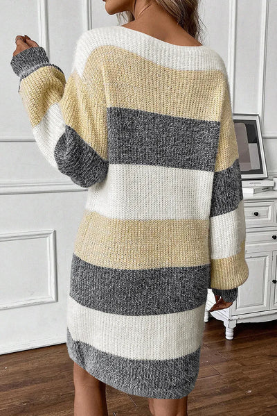 Color Block Boat Neck Long Sleeve Sweater Dress - Fashions Envy