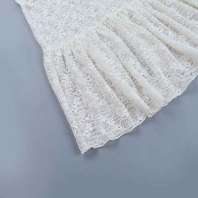 Lace See-Through Mini Dress - Long Sleeve V-Neck Apricot