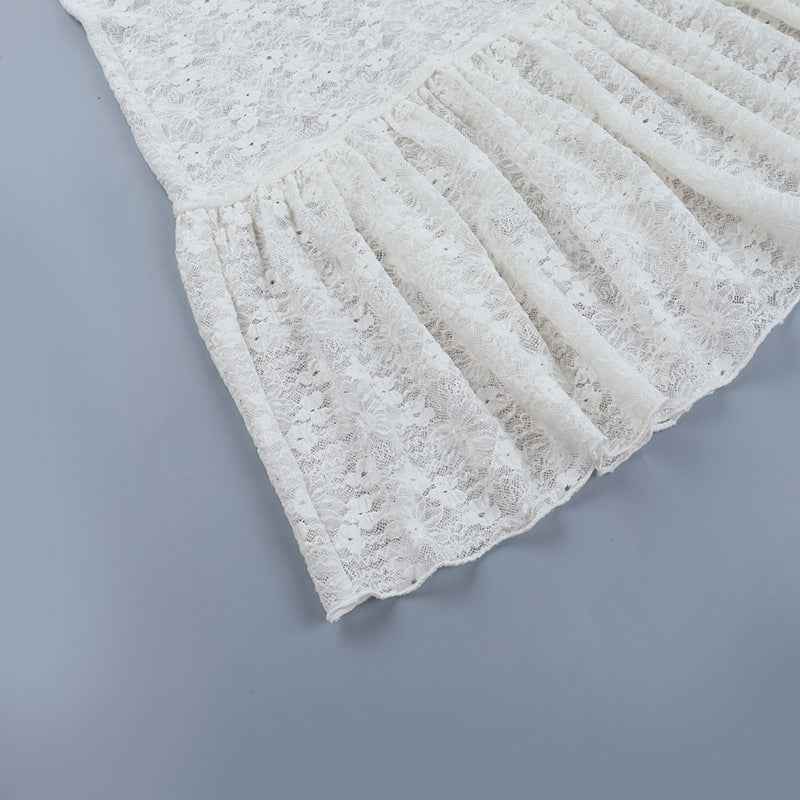 Lace See-Through Mini Dress - Long Sleeve V-Neck Apricot