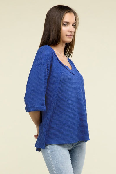 Brushed Waffle Exposed-Seam 3/4 Sleeve Top - Fashions Envy