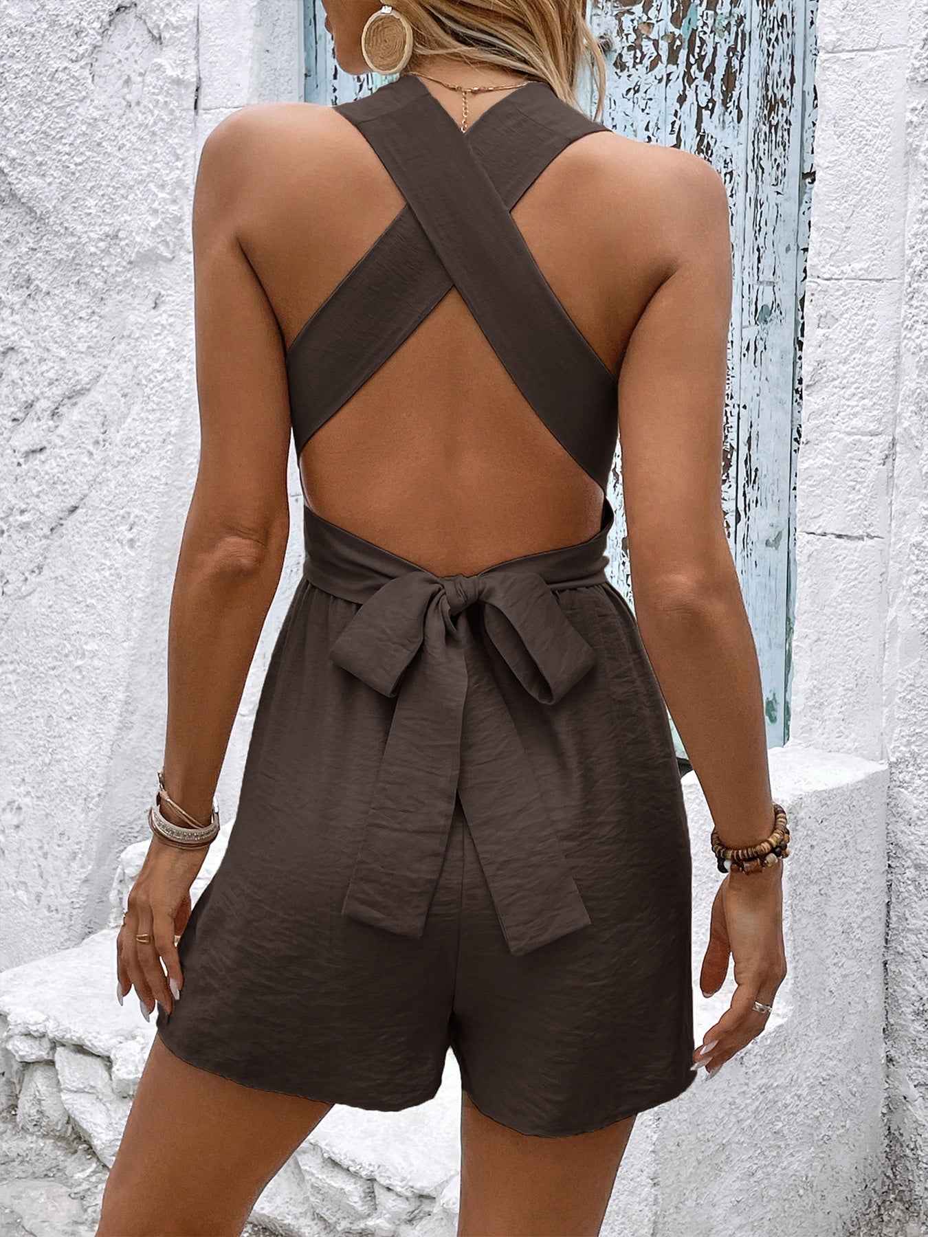 Flowy Open Back Romper - Sleeveless Crisscross Tie Detail