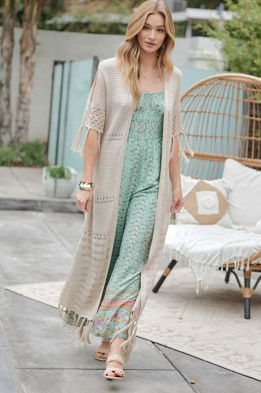 Solid 3/4 Sleeve Long Cardigan With Fringe