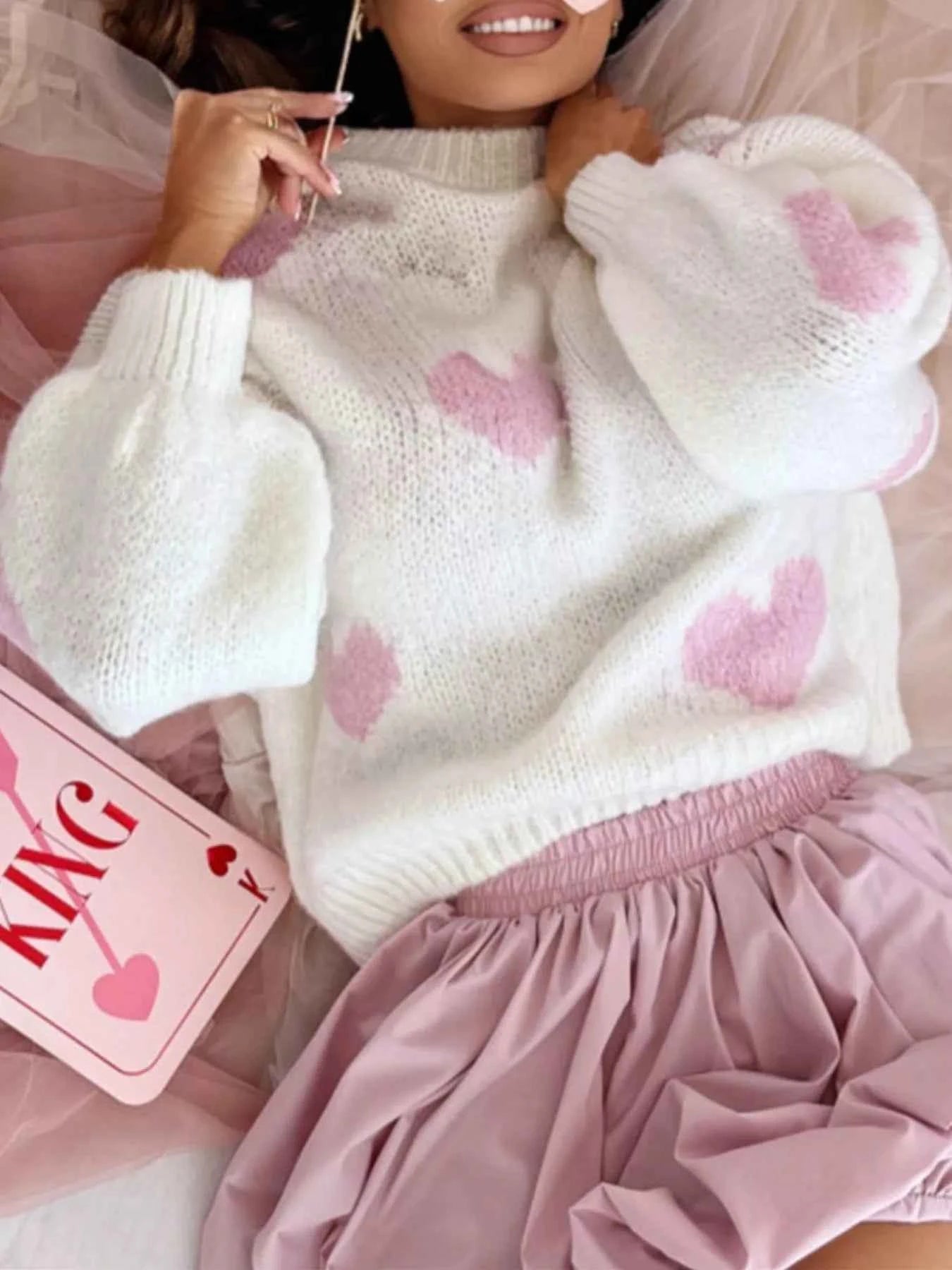 Heart Round Neck Knitted Sweater