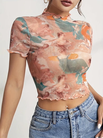 Abstract Print Ruffled Mock Neck Crop T-Shirt - Fashions Envy