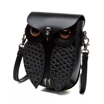 Owl Crossbody Bag - Black Leather Mini Design - Fashions Envy