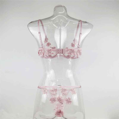 See-through Embroidered Lingerie Set - Sexy Thong and Bra