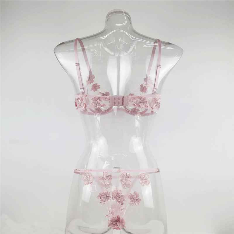See-through Embroidered Lingerie Set - Sexy Thong and Bra