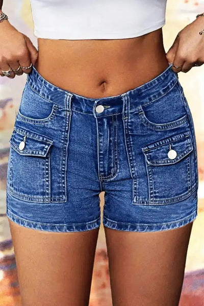 Trendsi high-waist wide-leg denim shorts in medium blue with front flap pockets and button closure
