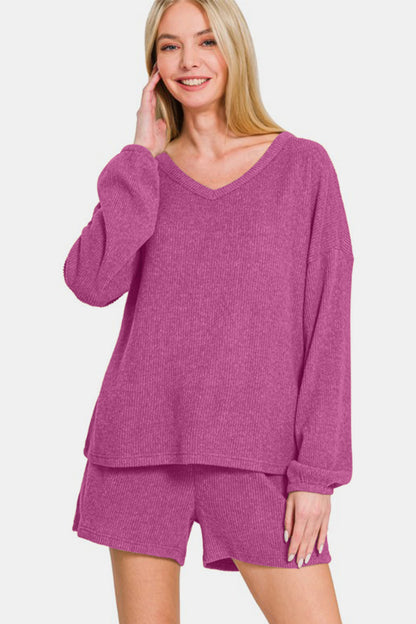 Red-Violet V-Neck Long Sleeve Ribbed Top and Shorts Set